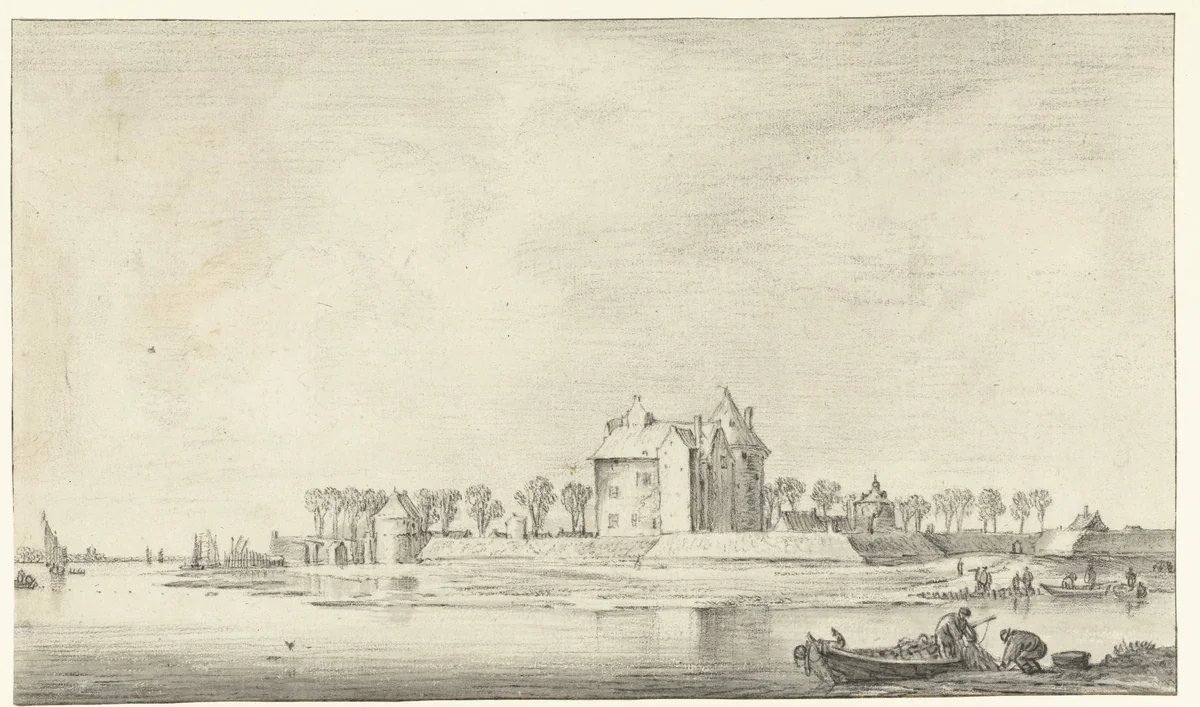 Gezicht op kasteel Loevestein by Aelbert Cuyp, drawing, 1630-1691