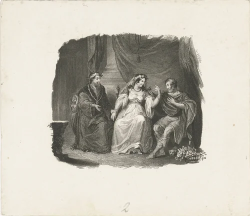 Vrouw zittend tussen haar vader en haar (toekomstige) man by Henricus Wilhelmus Couwenberg, print, 1830-1845