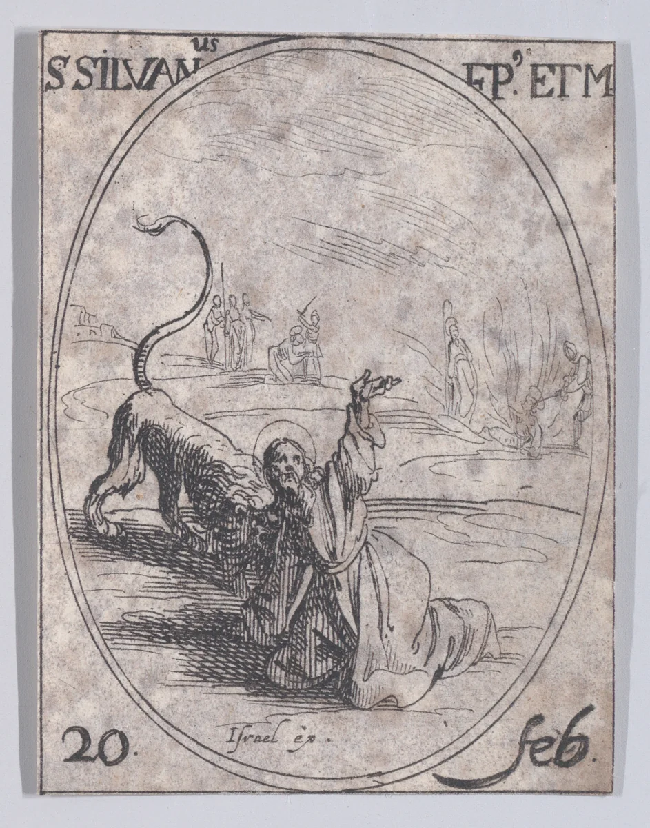 S. Silvain, évêque et martyr (St. Sylvanus, Bishop and Martyr), February 20th, from "Les Images De Tous Les Saincts et Saintes de L'Année" (Images of All of the Saints and Religious Events of the Year) by Jacques Callot, print, 1636