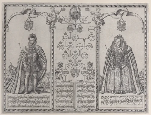 James I and Anne of Denmark by Renold Elstrack, print, 1651