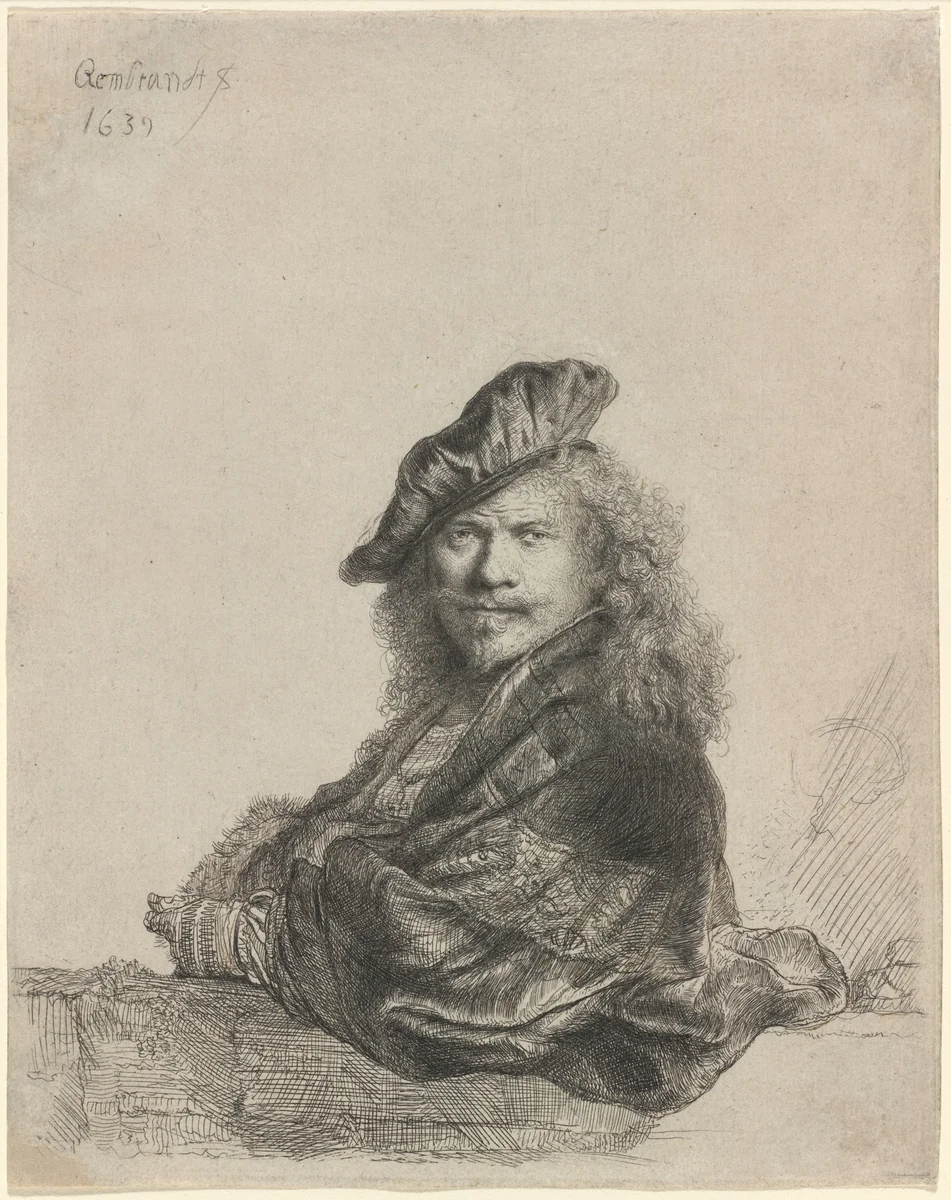 Self-Portrait Leaning on a Stone Sill by Rembrandt van Rijn, print, 1639