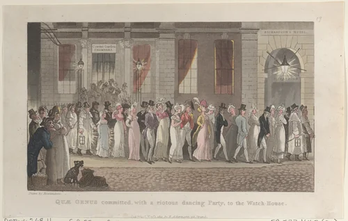 Quae Genus Committed, with a Riotous Dancing Party, to the Watch-House by Thomas Rowlandson, print, 1821
