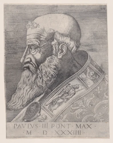 Pope Paul III, Bareheaded by Agostino Veneziano, print, 1529-1539