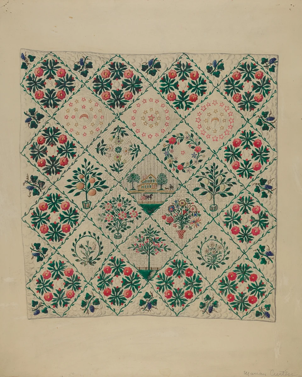Embroidered Applique Quilt by Marian Curtis Foster, index of american design, 1935-1942