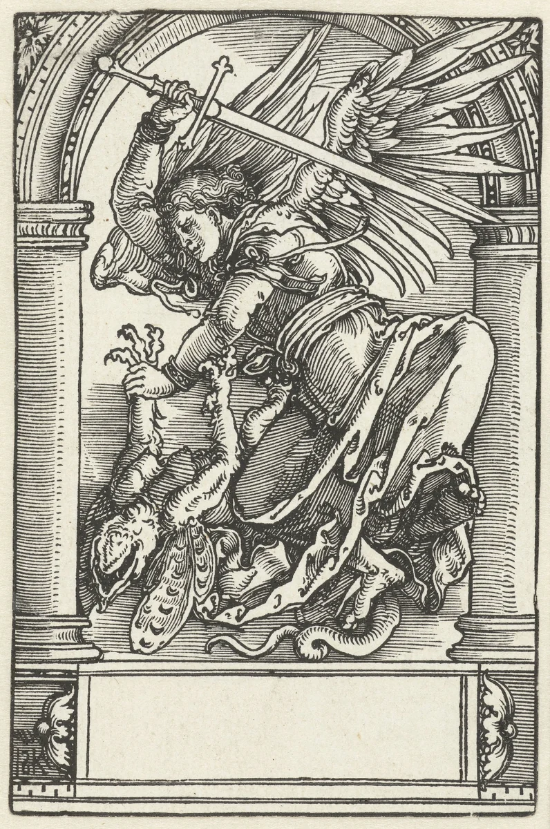 De aartsengel Michaël verslaat een duivel by Unknown, print, 1500-1516