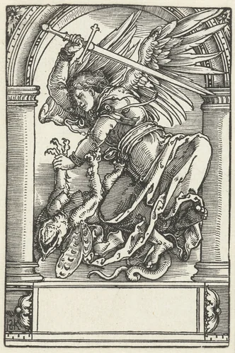 De aartsengel Michaël verslaat een duivel by Unknown, print, 1500-1516