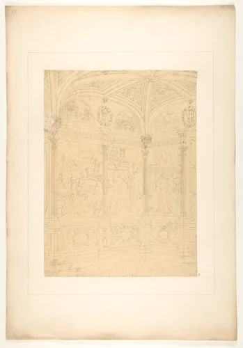 Elevation of the corner of a room decorated with Renaissance-style murals and carved woodwork by Jules-Edmond-Charles Lachaise, drawing, 1820-1897