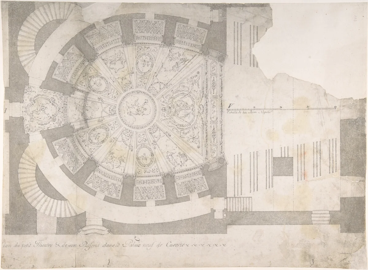 Projection of Ceiling Over Plan of the Small Theater in the Palace at Caserta by Luigi Vanvitelli, drawing, 1700-1773