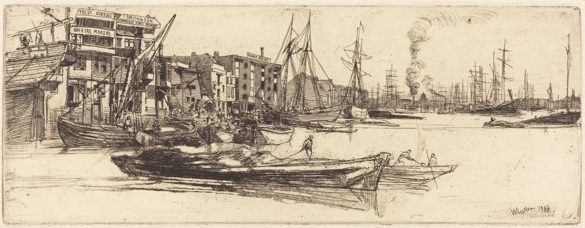 Thames Warehouses by James McNeill Whistler, print, 1859