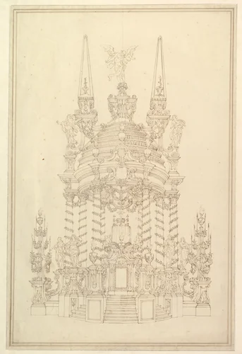 Elevation of a Catafalque: Wreathed Columns Supporting a Stepped Dome Surmounted by two Obelisks with Figure of Saturn between Them by Giuseppe Galli Bibiena, drawing, 1696-1756