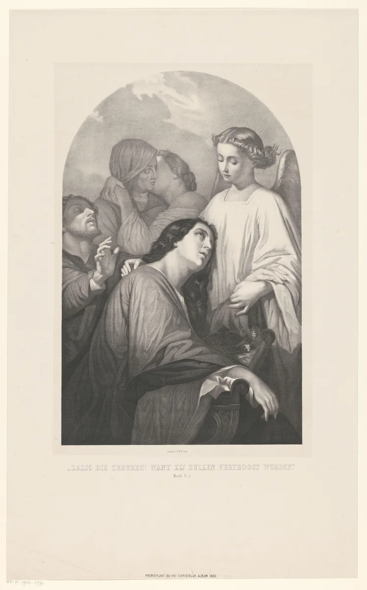 Treurende mensen worden getroost by anonymous, print, 1865