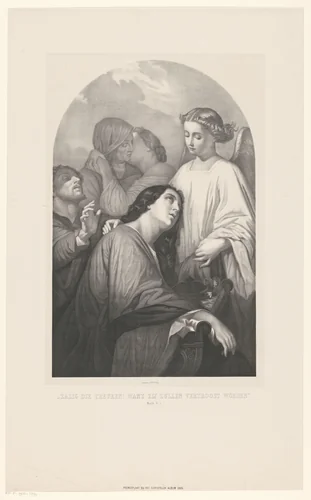 Treurende mensen worden getroost by anonymous, print, 1865