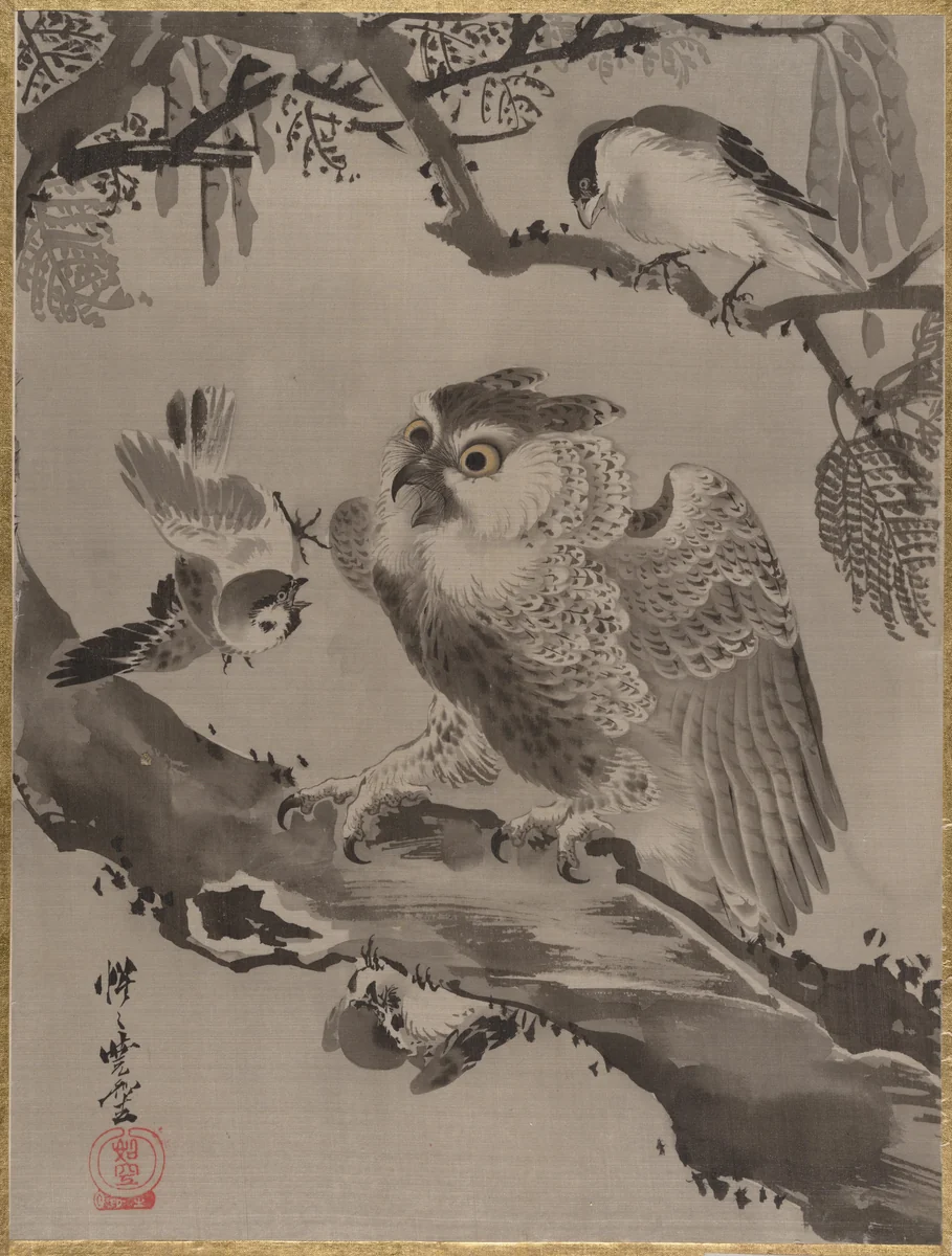 Owl Mocked by Small Birds by Kawanabe Kyōsai (河鍋暁斎), painting, 1877-1897
