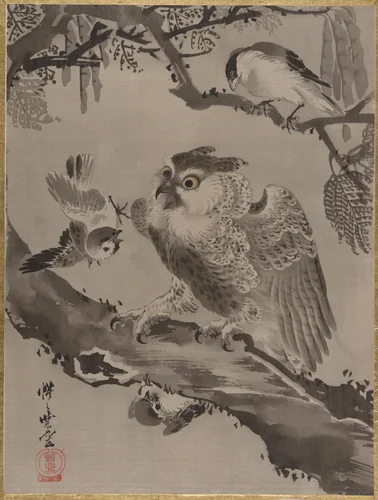 Owl Mocked by Small Birds by Kawanabe Kyōsai (河鍋暁斎), painting, 1877-1897