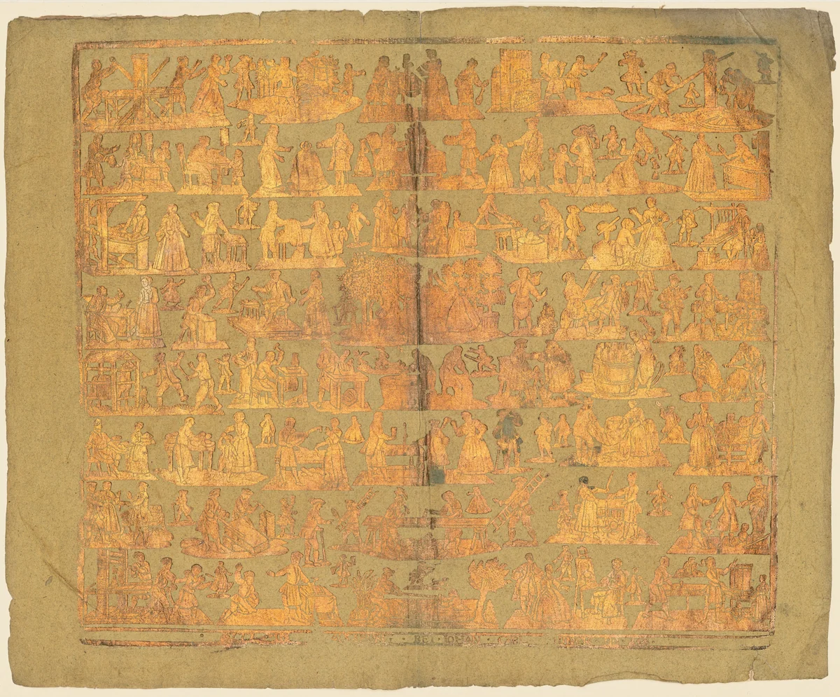 Endpaper with Scenes of the Trades by Johann Carl Munck, print, 1777