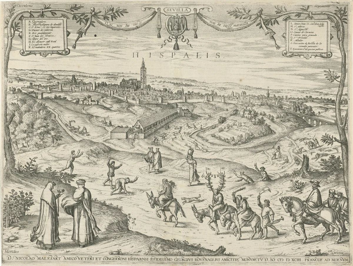 Sevilla met vele figuren op de voorgrond by Frans Hogenberg, print, 1593