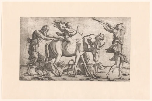 Optocht met saters en een geblinddoekte Amor op een ezel by Unknown, print, 1540-1556