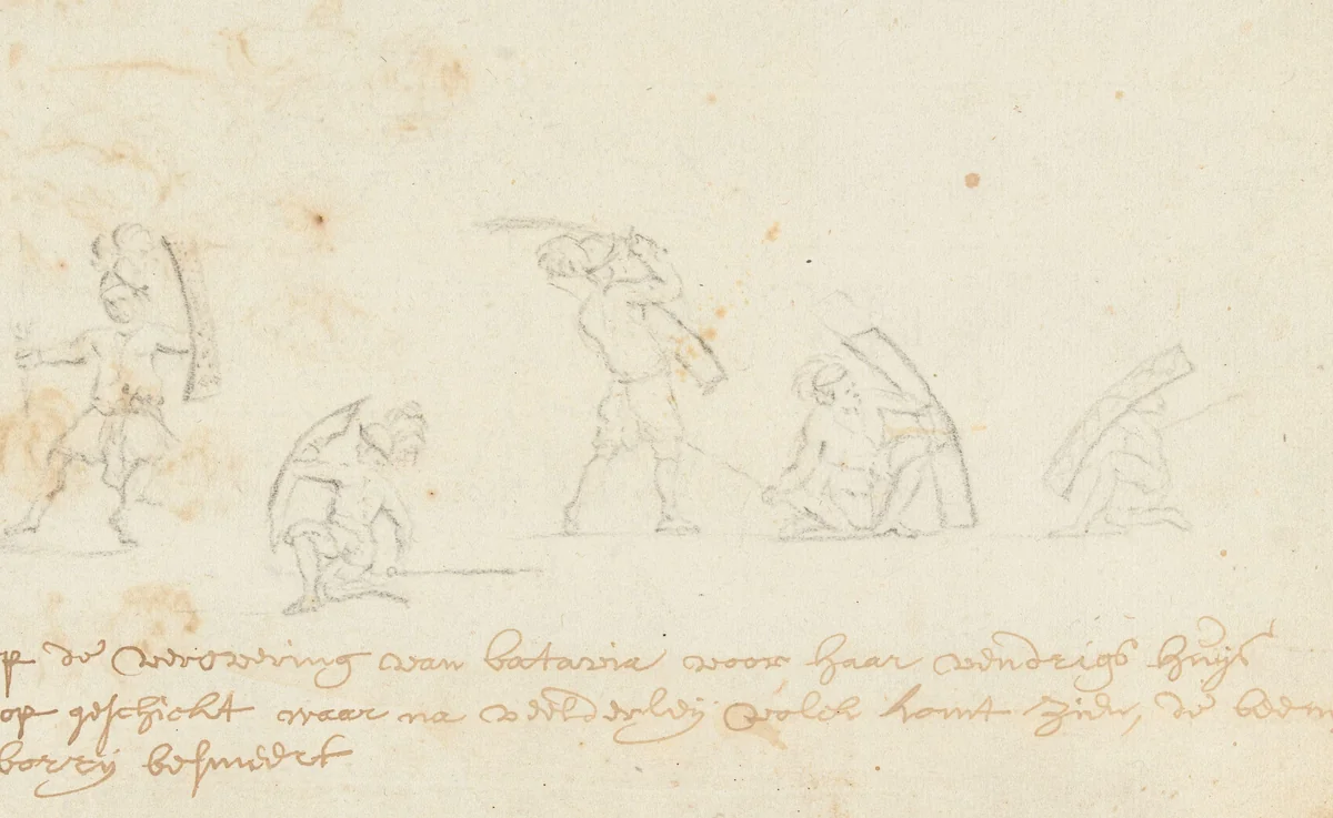 Krijgers en een man met een musket by Wouter Schouten, drawing, 1660