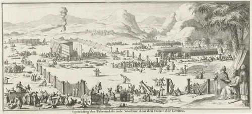 Bouw van de tabernakel onder leiding van Mozes by Jan Luyken, print, 1683