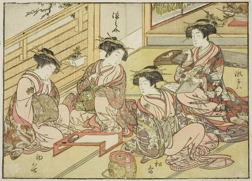 Courtesans of the Matsubaya, from the book "Mirror of Beautiful Women of the Pleasure Quarters (Seiro bijin awase sugata kagami)," vol. 1 by Katsukawa Shunsho (勝川 春章), print, 1776