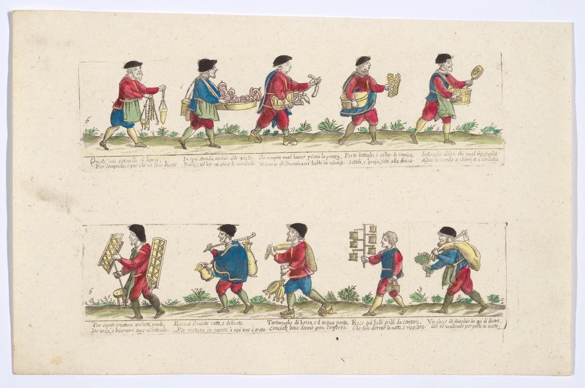 Plate 6 depicting the trades of Rome,here including vendors of lamps, shirt collars, turtles etc, from the 'Descrición de las artes que se llaman para los calles de la ciudad de Roma' by Remondini, print, 1765-1805