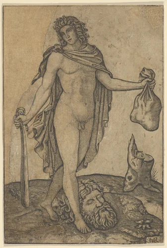 David standing, sword in lowered right hand, sack in the left, the head of Goliath on the ground beneath him by Marcantonio Raimondi, print, 1500-1534