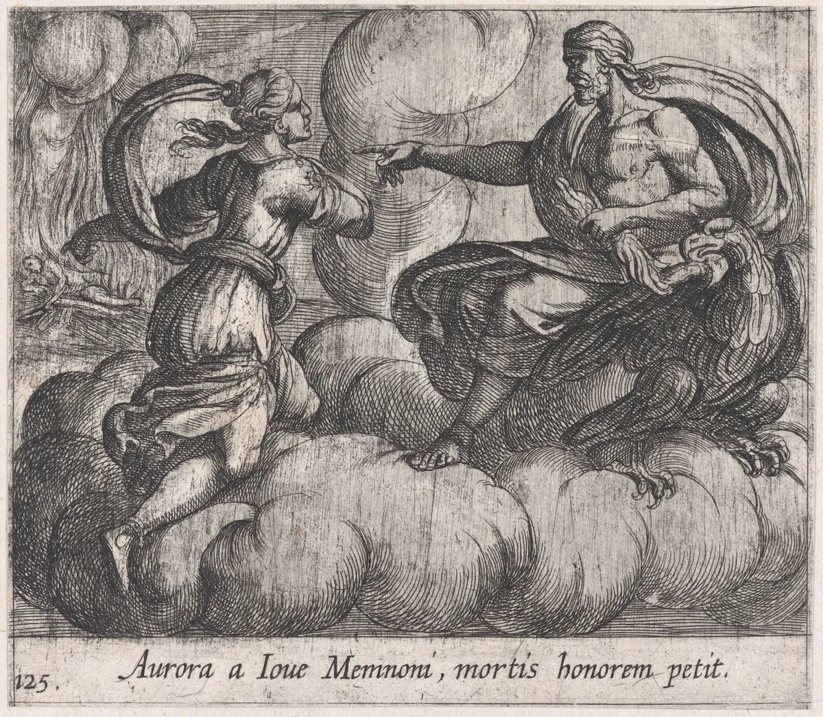 Plate 125: Aurora Asking Jupiter to Honor Memnon (Aurora a Iove Memnoni, mortis honorem petit), from Ovid's 'Metamorphoses' by Antonio Tempesta, print, 1606