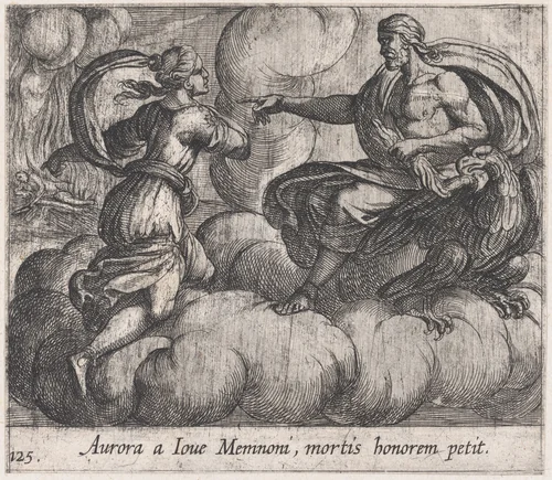 Plate 125: Aurora Asking Jupiter to Honor Memnon (Aurora a Iove Memnoni, mortis honorem petit), from Ovid's 'Metamorphoses' by Antonio Tempesta, print, 1606
