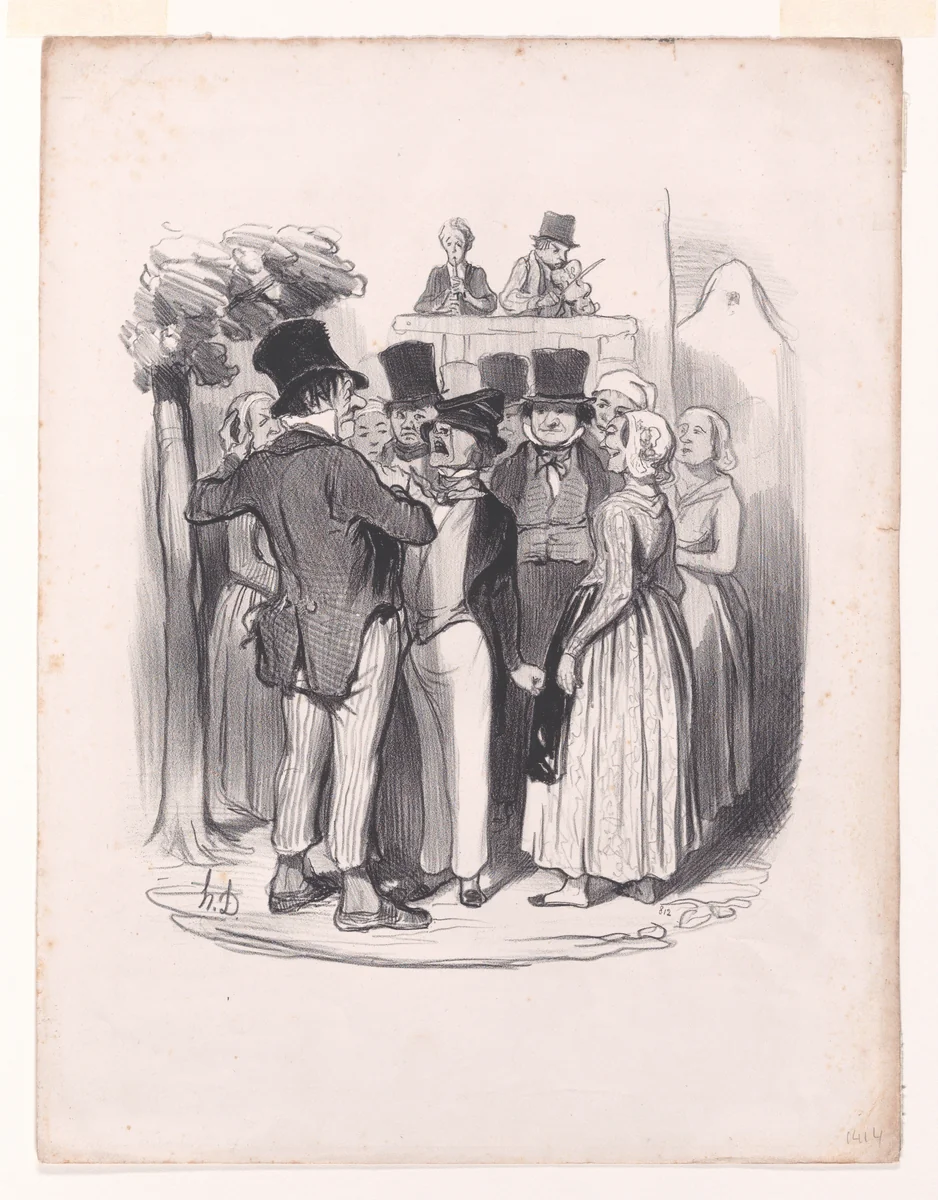 So, show-off from Paris!.... you will dance twice with my Catherine.... try again now to make eyes at her!, from Pastorales (Romance of Country Life) by Honoré Daumier, print, 1845