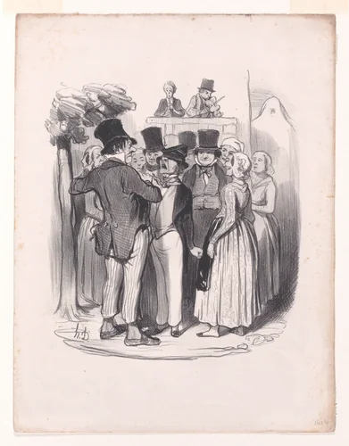 So, show-off from Paris!.... you will dance twice with my Catherine.... try again now to make eyes at her!, from Pastorales (Romance of Country Life) by Honoré Daumier, print, 1845
