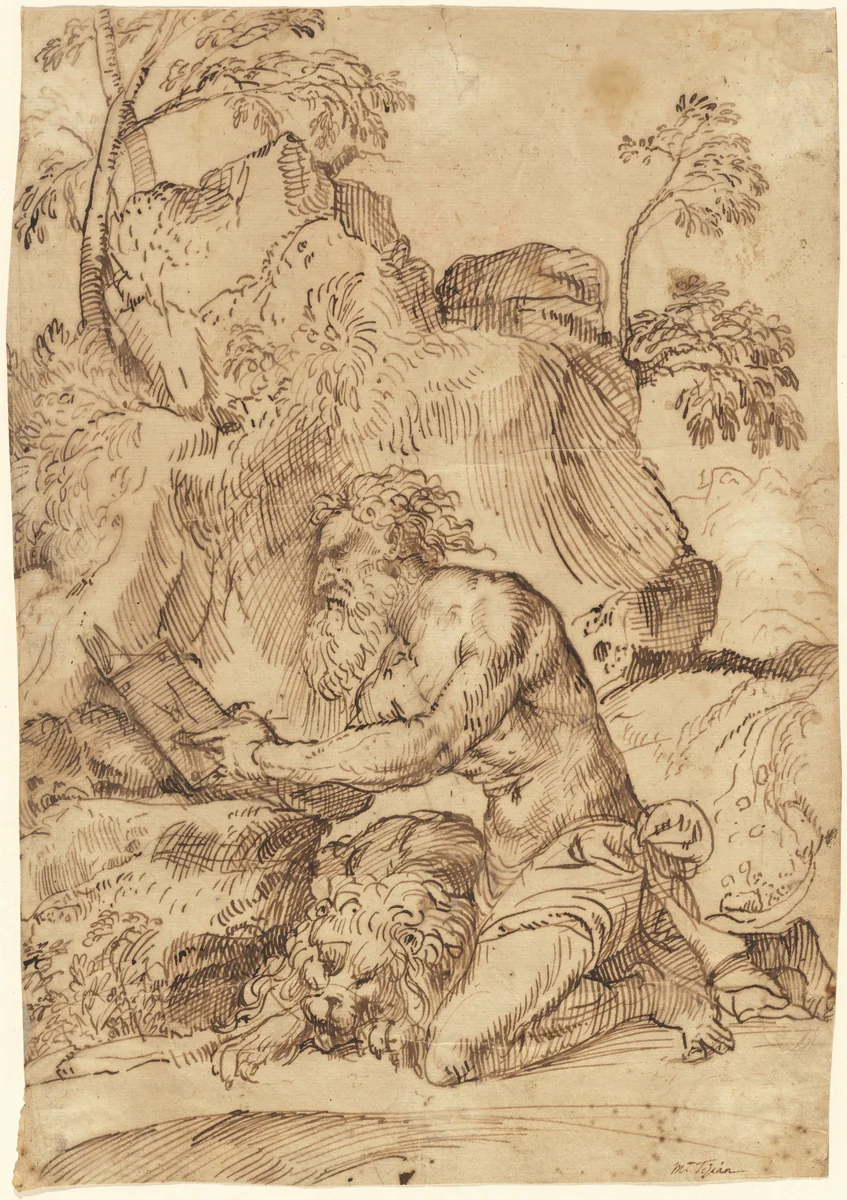 Saint Jerome Reading in the Wilderness by Domenico Campagnola, drawing, 1520-1525