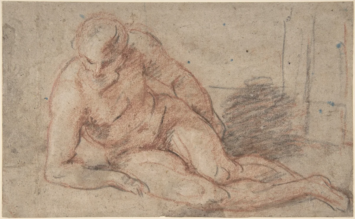 Reclining Nude Figure (recto); unidentifiable sketches (verso) by Antoine Watteau, drawing, 1695-1721