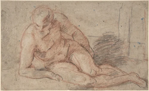Reclining Nude Figure (recto); unidentifiable sketches (verso) by Antoine Watteau, drawing, 1695-1721