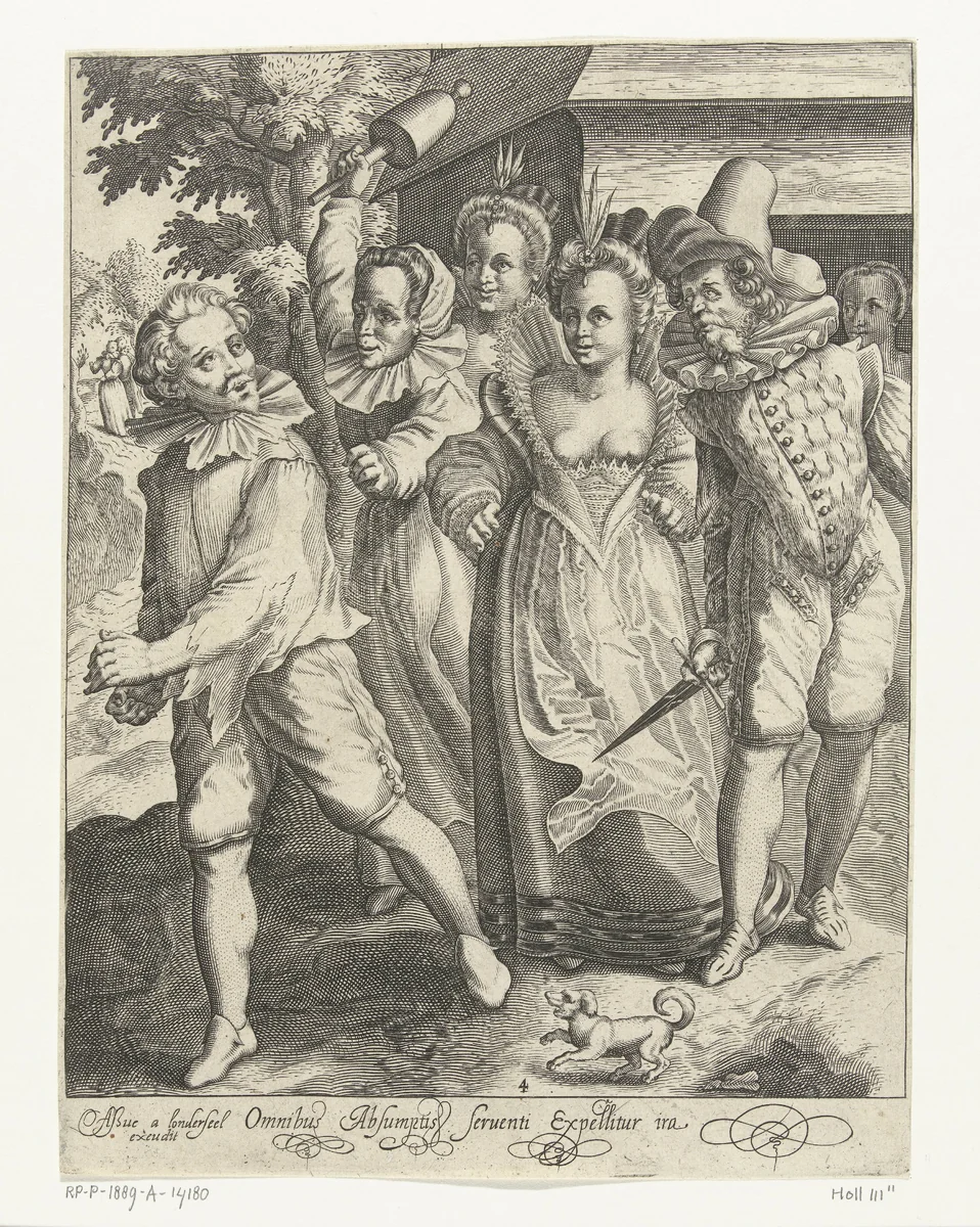 De verloren zoon heeft zijn geld verspild en wordt weggejaagd by Nicolaes de Bruyn, print, 1581-1656