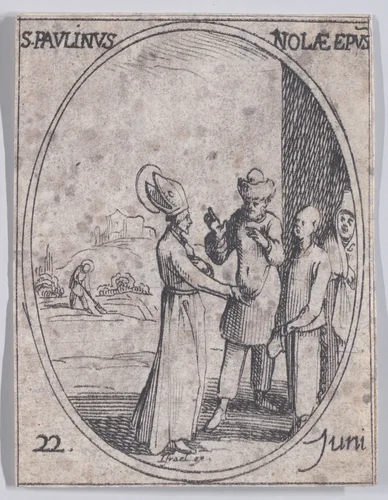 S. Paulin, évêque de Nole (St. Paulinas, Bishop of Nolas), June 22nd, from "Les Images De Tous Les Saincts et Saintes de L'Année" (Images of All of the Saints and Religious Events of the Year) by Jacques Callot, print, 1636