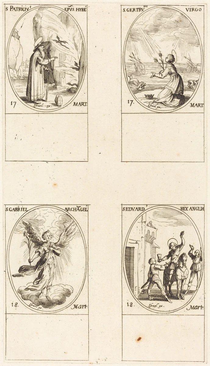 St. Patrick; St. Gertrude; St. Gabriel, Archangel; St. Edward by Jacques Callot, print, 1627-1637