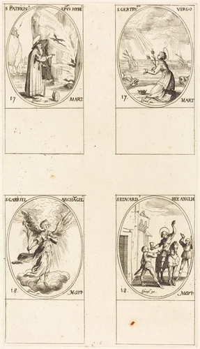 St. Patrick; St. Gertrude; St. Gabriel, Archangel; St. Edward by Jacques Callot, print, 1627-1637