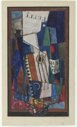 Zither, Bottle, Pipe and Sheet Music by Louis Marcoussis, drawing, 1919