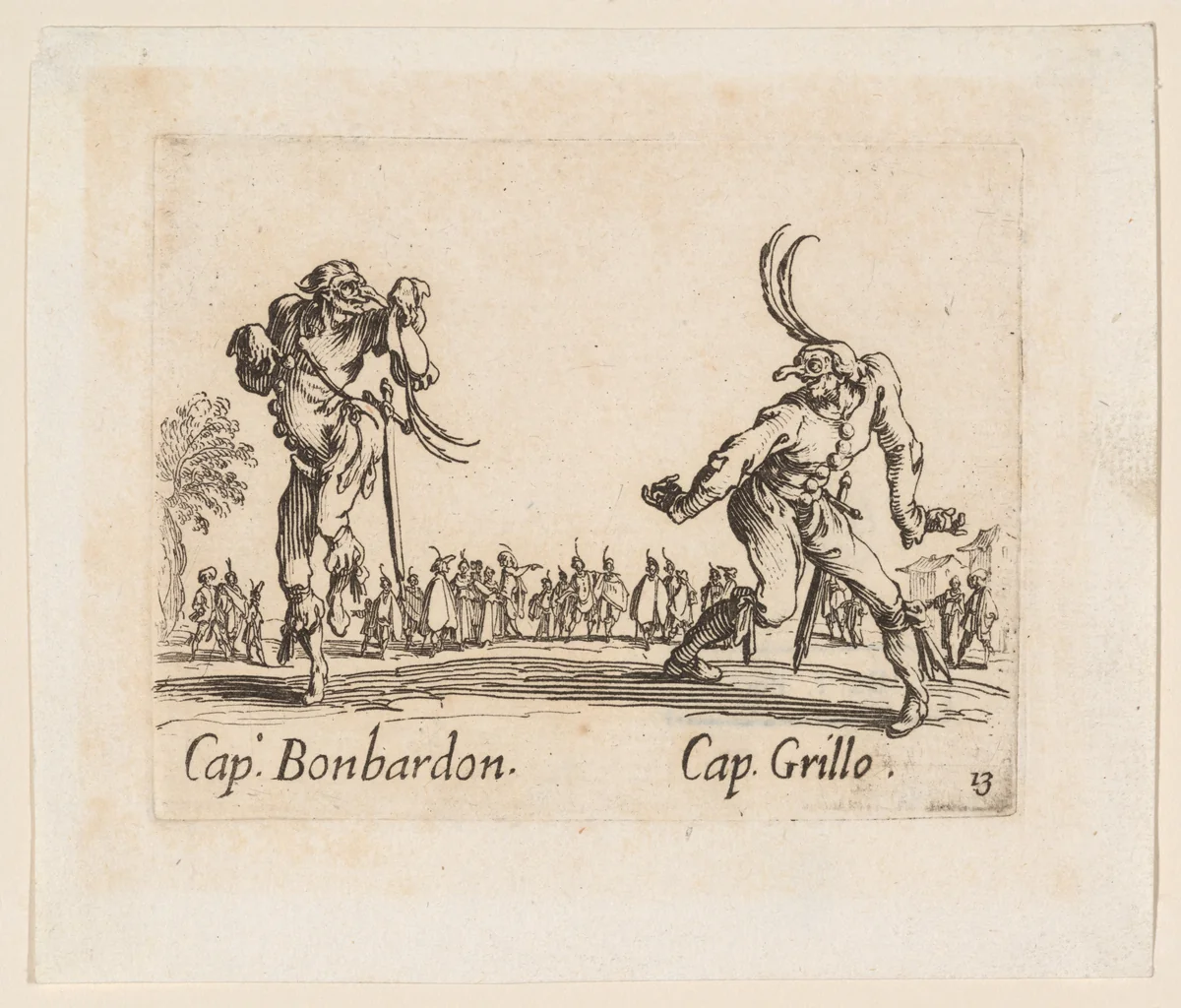 Capitano Bonbardon and Capitano Grillo, plate 13 from "Balli di Sfessania" (Dance of Sfessania) by Jacques Callot, print, 1621-1622