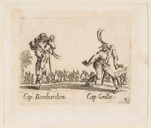 Capitano Bonbardon and Capitano Grillo, plate 13 from "Balli di Sfessania" (Dance of Sfessania) by Jacques Callot, print, 1621-1622