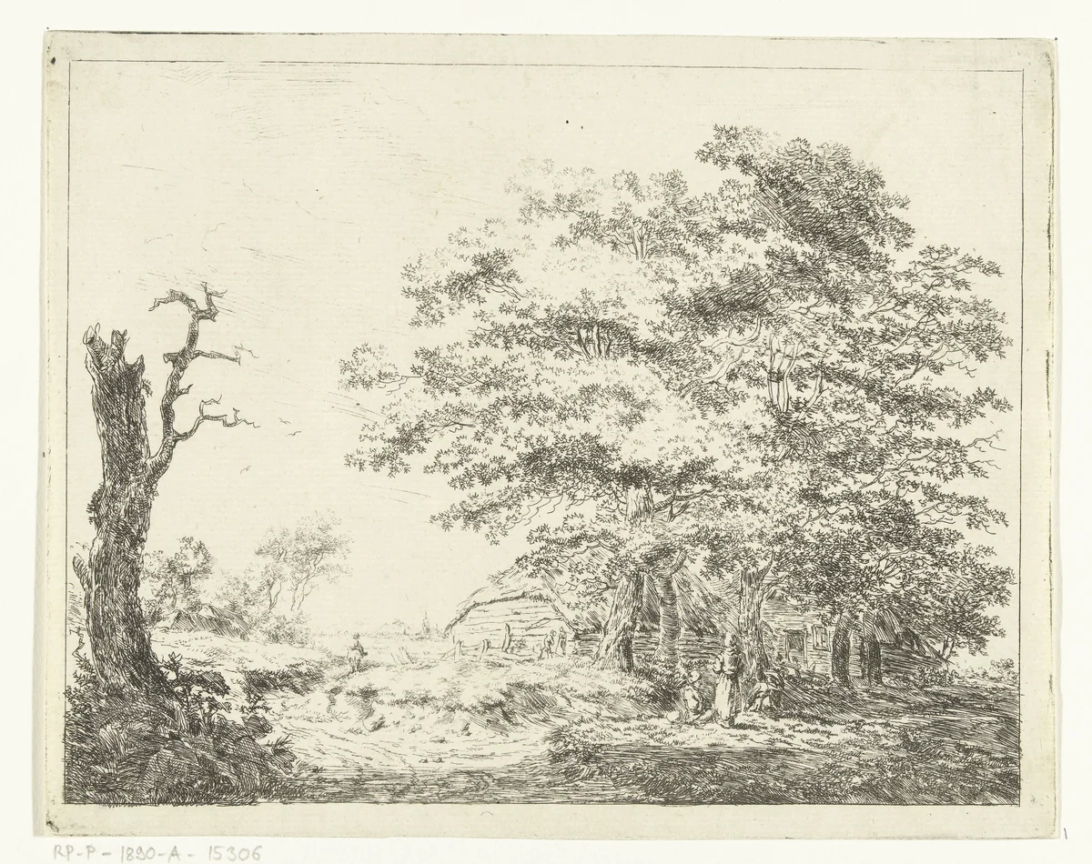 Landschap met boerderij en figuren onder bomen by Hermanus van Brussel, print, 1800-1815