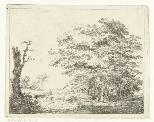 Landschap met boerderij en figuren onder bomen by Hermanus van Brussel, print, 1800-1815