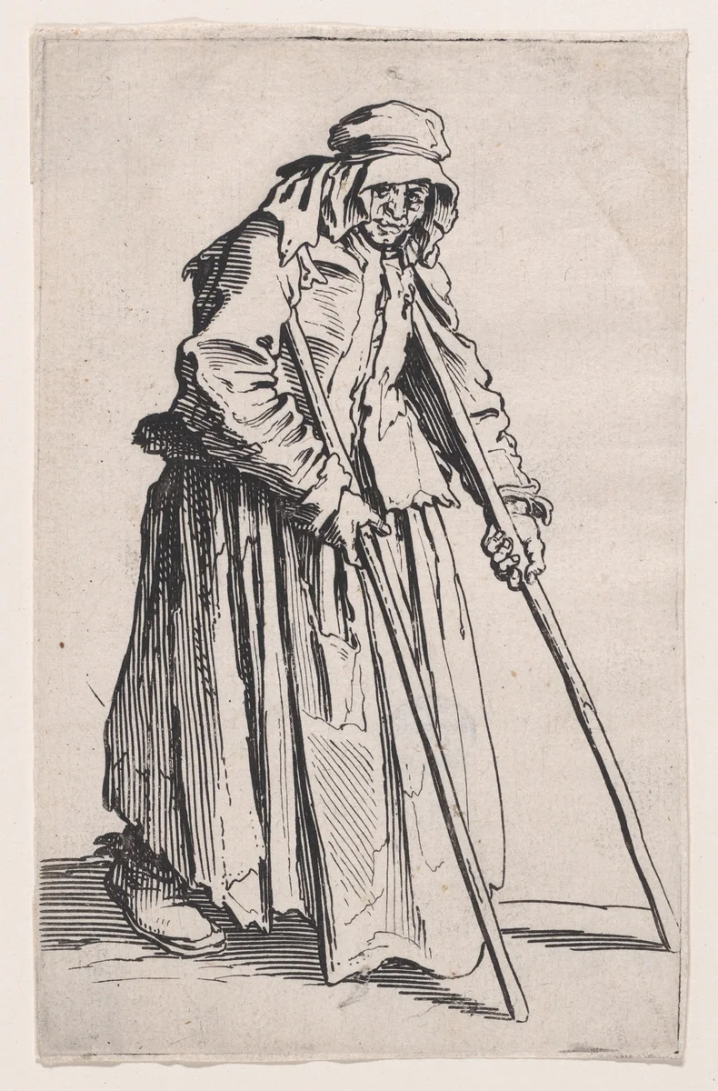 La Mendiante aux Béquilles (The Female Beggar with Crutches), from "Les Gueux suite appelée aussi Les Mendiants, Les Baroni, ou Les Barons" (The Beggars, also called the Barons) by Jacques Callot, print, 1618-1628