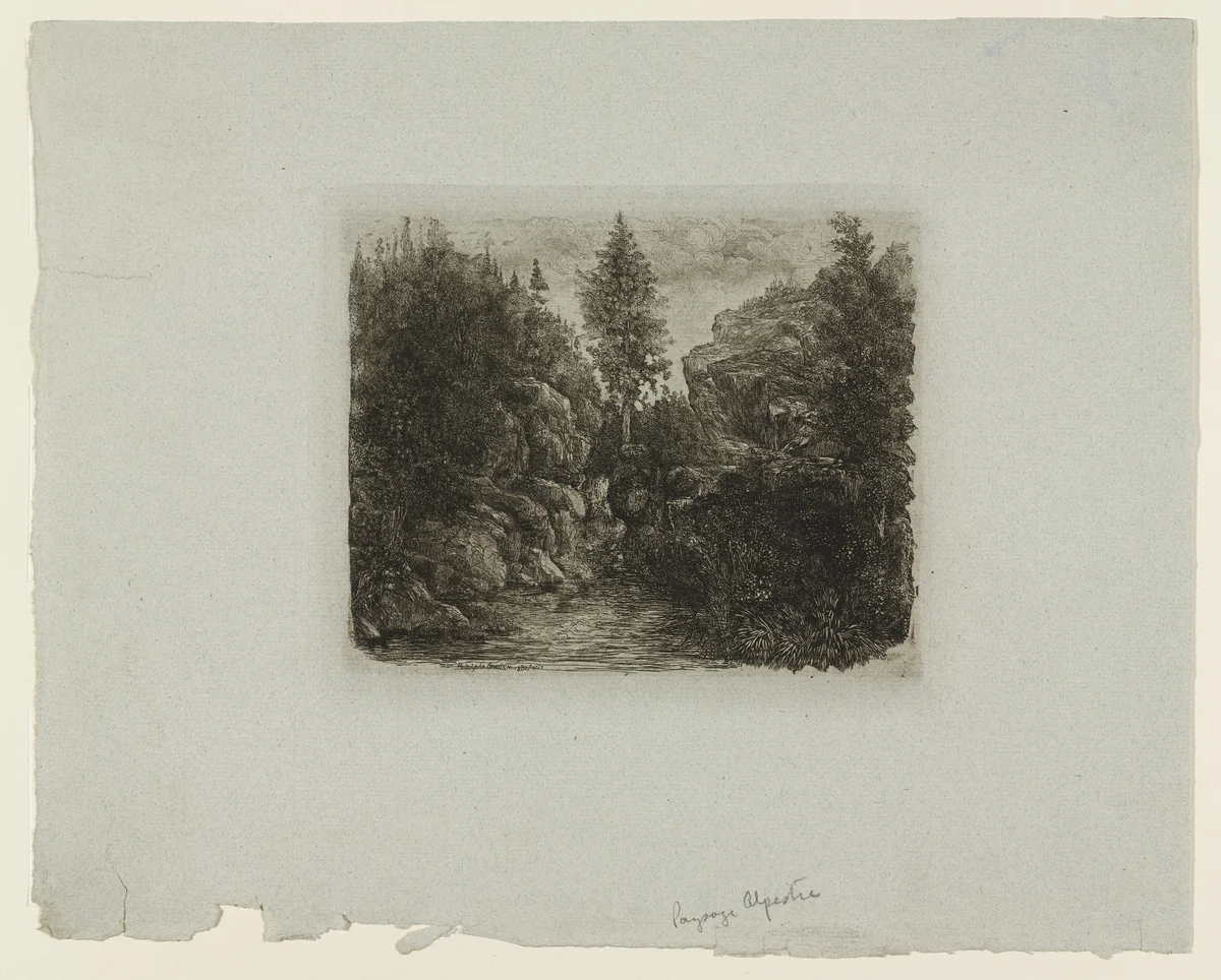 Rocky Landscape (Paysage Rocheux) by Rodolphe Bresdin, print, 1880