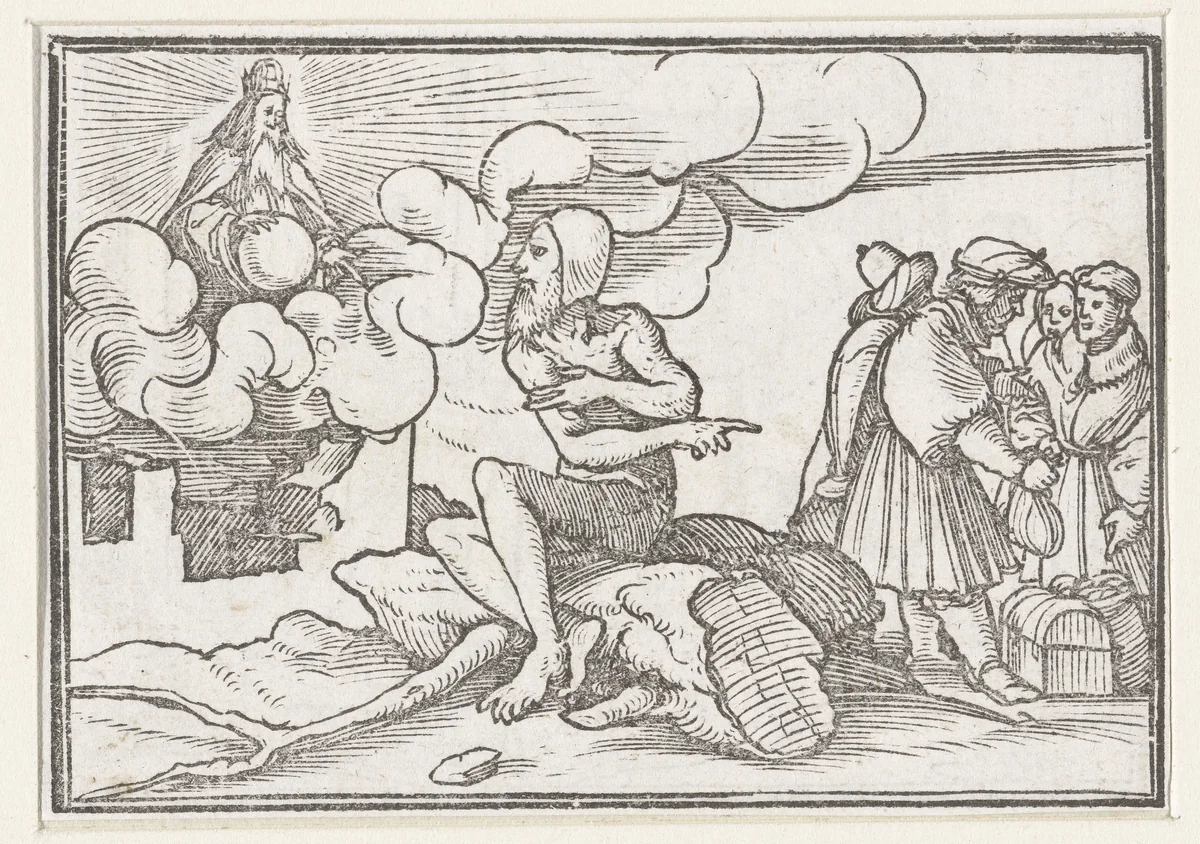 God spreekt Job toe vanuit een storm by Hans Holbein, print, 1538