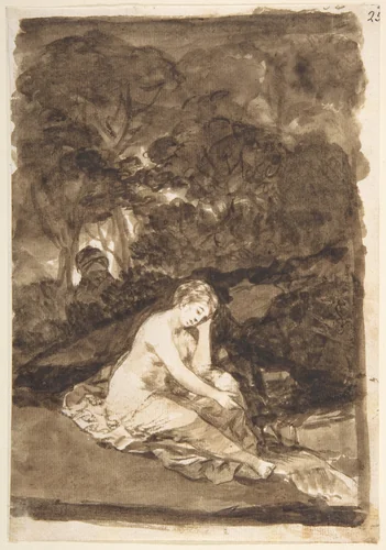 A partly naked woman seated by a stream; page 32 from the "Images of Spain" Album (F) by Goya, drawing, 1807-1825