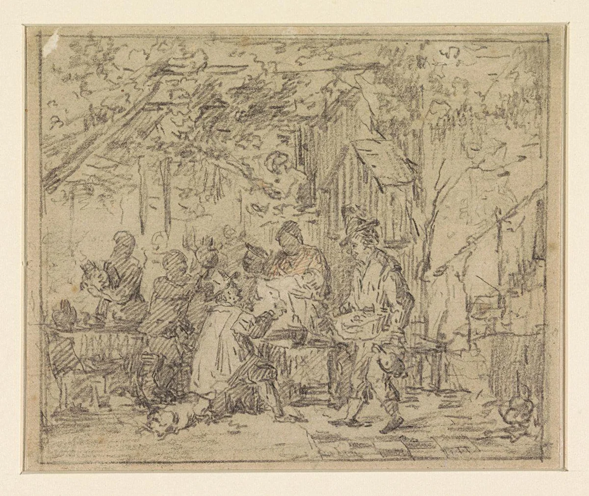 Gezelschap op terras buiten herberg by Ferdinand De Braekeleer, drawing, 1800-1900