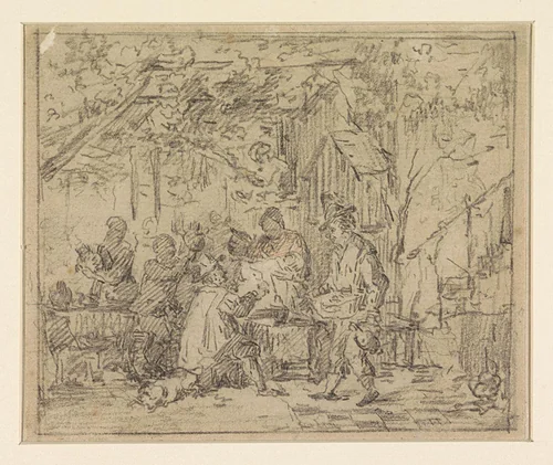 Gezelschap op terras buiten herberg by Ferdinand De Braekeleer, drawing, 1800-1900