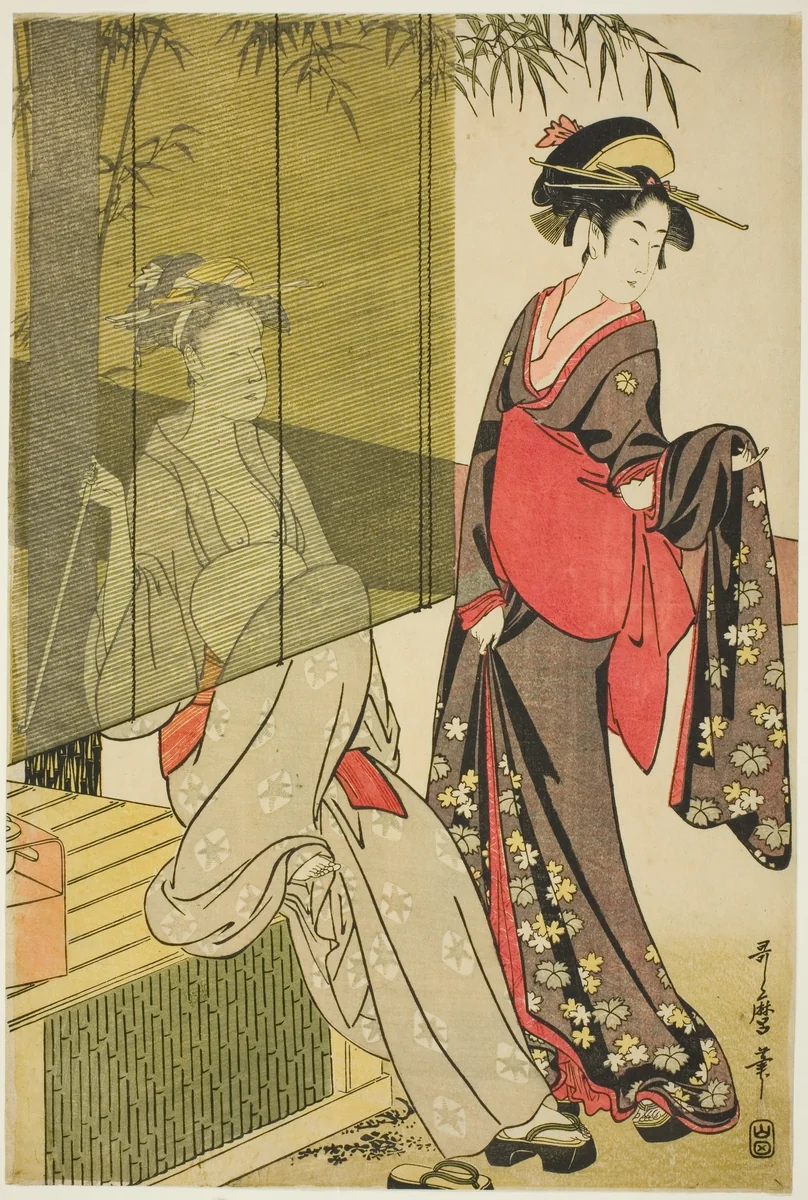 Drying and stretching cloth by Kitagawa Utamaro (喜多川歌麿), print, 1753-1806