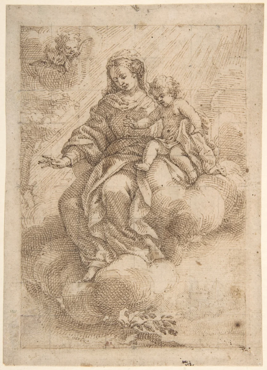 Madonna and Child Seated on Clouds (recto); Madonna and Child in Reverse (verso) by Vicente Salvador Gómez, drawing, 1637-1700